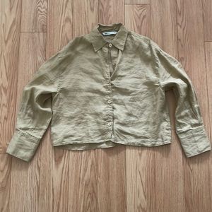 Zara Cropped Tan Linen Button Down